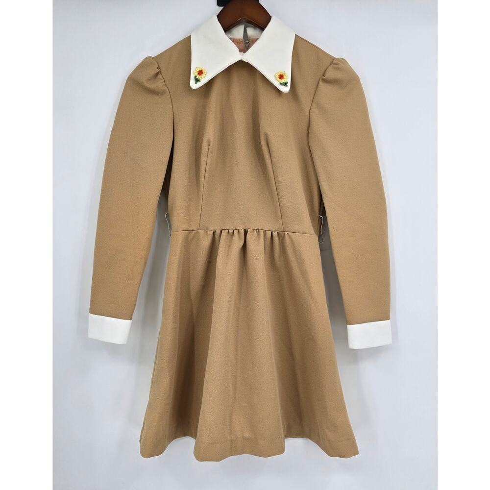 Vintage 1970s Girl Prairie Dress Tan Earth Tone Embroidered Floral Collar Size 5